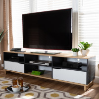 Baxton Studio TV8004-Oak/Grey/White-TV Reed Mid-Century Modern Multicolor 2-Drawer Wood TV Stand